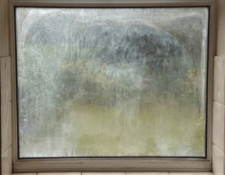 Unit Replacements A foggy window with blurred outdoor scenery visible through the glass.
